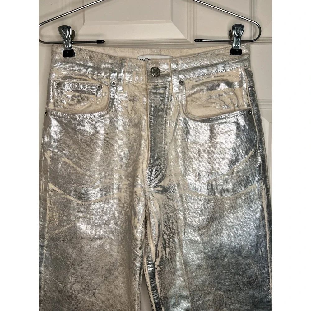 EUC Zara Silver Straight Leg Jeans Metallic Shiny High Rise Festival Party Size4